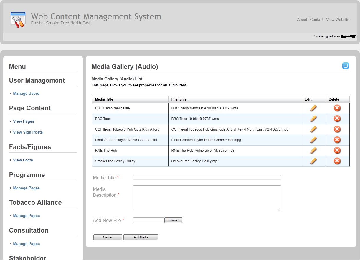 A preview of the Fresh CMS audio management page