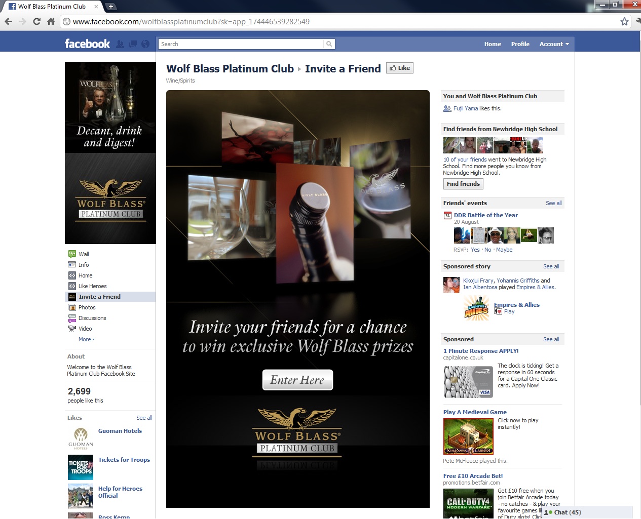 The landing page for the WolfBlass invite a friend Facebook Application